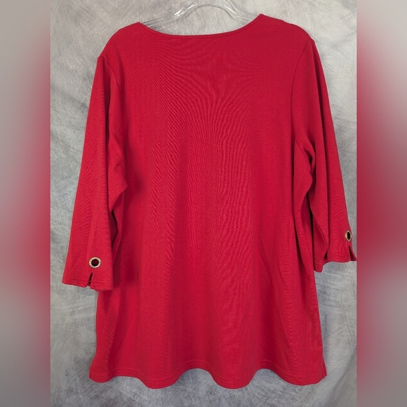 Quacker Factory 1X Rhinestone Studded Grommets Red Blouse - Picture 2 of 11